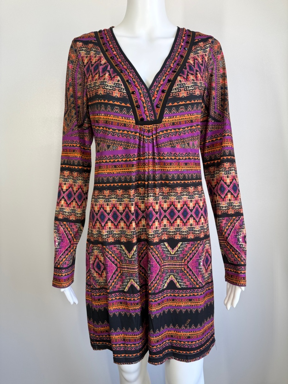 Hale Bob Long Sleeve Jersey Dress Tribal Print Pink Orange S